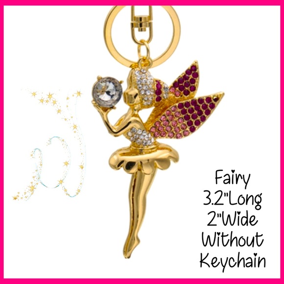 Fairy Keychain or Bag Charm, Gold With Pink and White Rhinestones - Picture 3 of 3